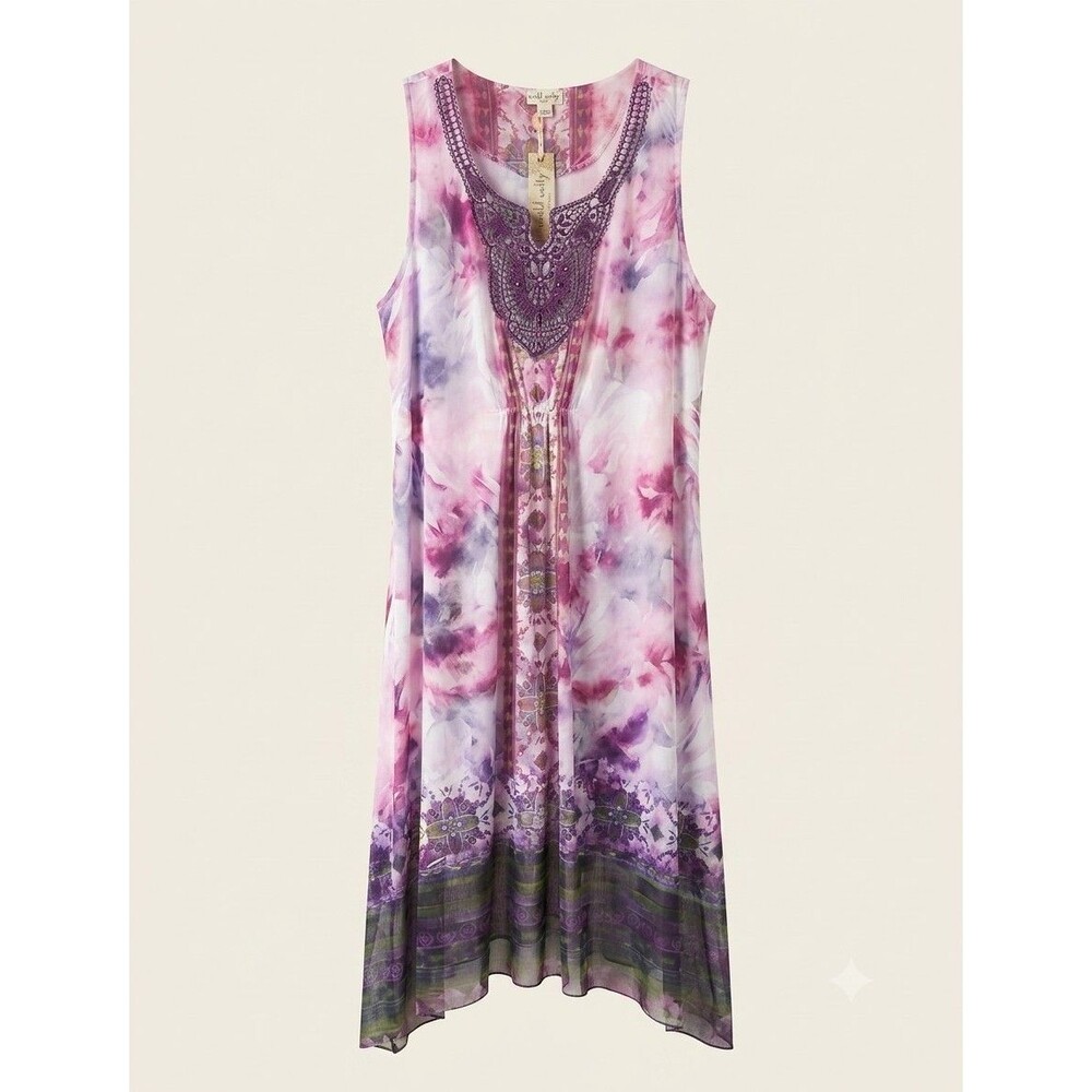 New Embellished Neckline World Unity Woman Size 3x Dress Purple Sheer Hemline